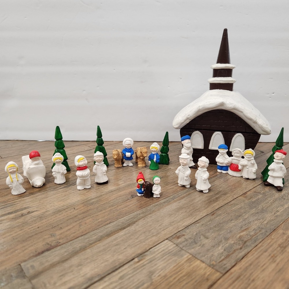 24 miniature Christmas Village Church People Accessories Ceramic Bisque Storage